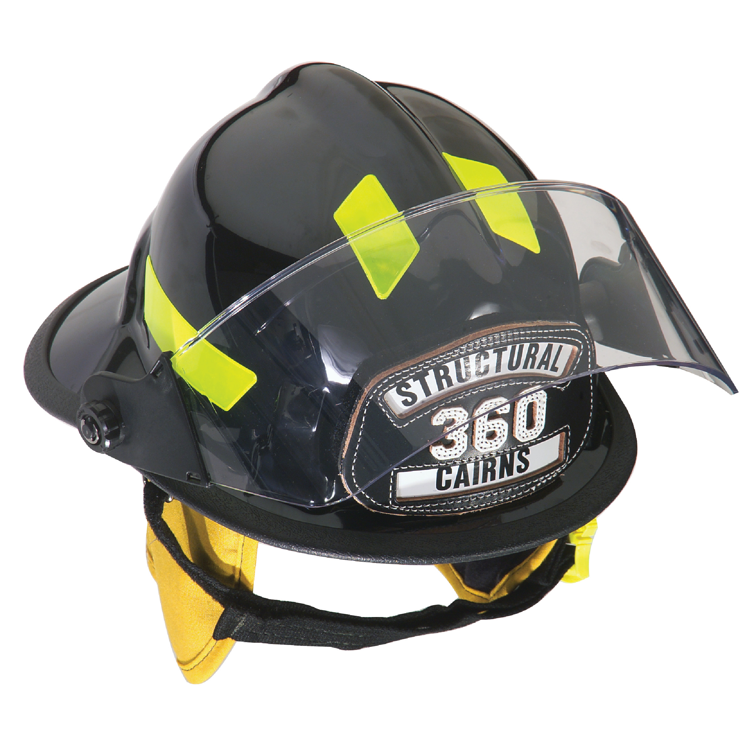 Cairns 360S, Black, 4" Standard Faceshield, Economy Flannel Liner, Nomex Earlap, Nomex Chinstrap w/ Quick Release, Lime/Yellow Reflexite, Tetrabar